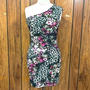 One-Shoulder Floral & Leopard Print Mini Dress Size Medium